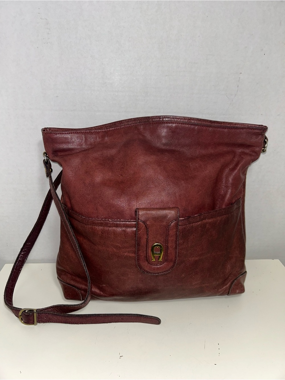 Etienne Aigner Oxblood Burgundy Leather “A” Logo Shoulder Bag Crossbody
